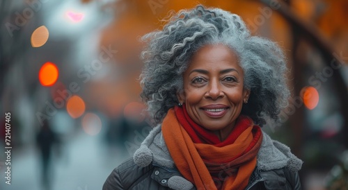 A winter street portrait of a woman, adorned with a scarf, radiantly smiling at the camera with a warm and genuine human expression