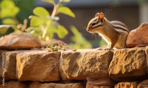 chipmunk on a stone wall, in the style of sudersan pattnaik photo
