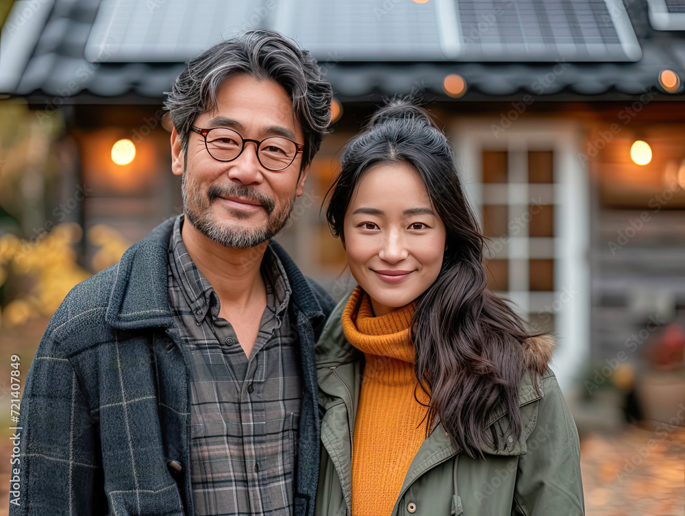 A happy asian couple stands smiling in the driveway of a large house with solar panels installed.Generative AI A happy asian couple stands smiling in the driveway of a large house with solar panels installed.Generative AI