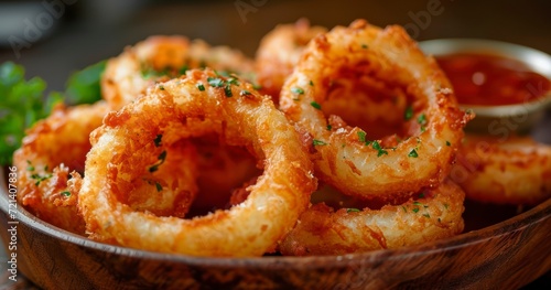Crunchy Onion Rings Infused with Seafood Goodness and a Tangy Dip, Served on a Wooden Plate