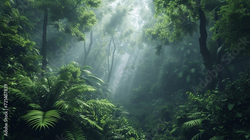 Exotic foggy forest. Jungle panorama, forest oasis. Foggy dark forest. Natural forest landscape. 3D illustration. © Ahtesham