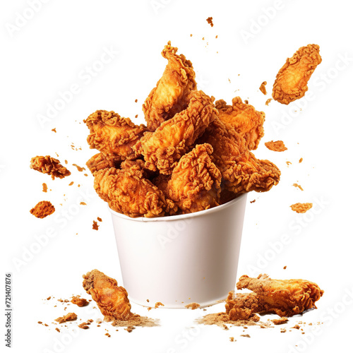Fried chicken flying on paper bucket isolated on white background
