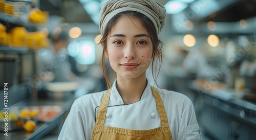 A young woman stands proudly in her chef's uniform, her smiling face a symbol of determination and passion for her craft, as she adds a touch of style to the kitchen of the bustling restaurant