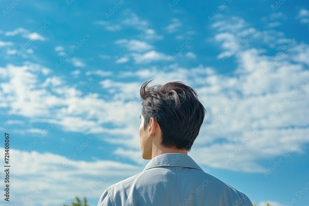 A man is looking to the sky for successful in his life and his business.Generative AI A man is looking to the sky for successful in his life and his business.Generative AI