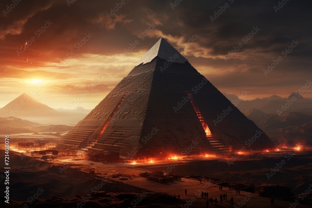 An ancient Egyptian pyramid rising against a breathtaking desert sunset.