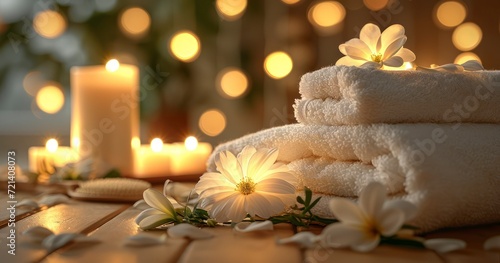 Relaxation Haven - The Serene Aroma of Spa Candles  Fresh Flowers  and Plush Towels Against a Wooden Backdrop