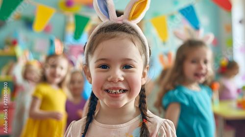 Happy girl in bunny ear celebrating easter festival