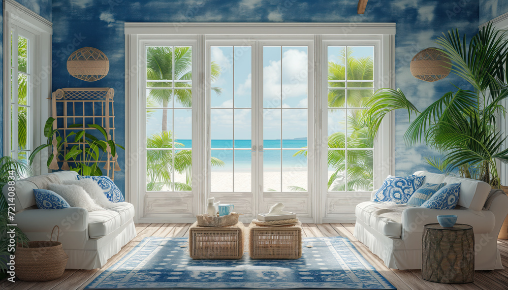 An eclectic boho-themed marine living room in a beach house, with a mix ...