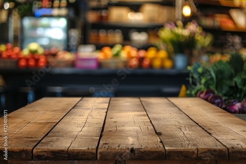 Wooden texture table top on blurred supermarket or grocery store and bokeh © Wasin