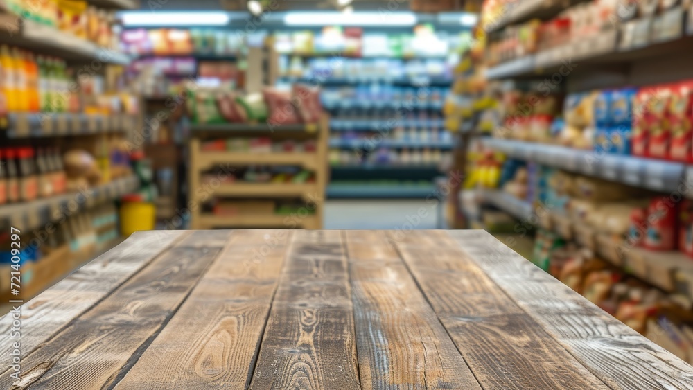 Wooden texture table top on blurred supermarket or grocery store and bokeh