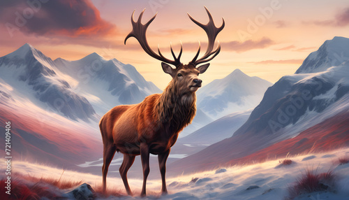 Majestic deer Standing Proud Among Snow-Capped Mountain Ranges at sunset © PLATİNUM