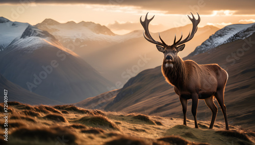 Majestic Stag Standing Proud Among Snow-Capped Mountain Ranges at Twilight © PLATİNUM