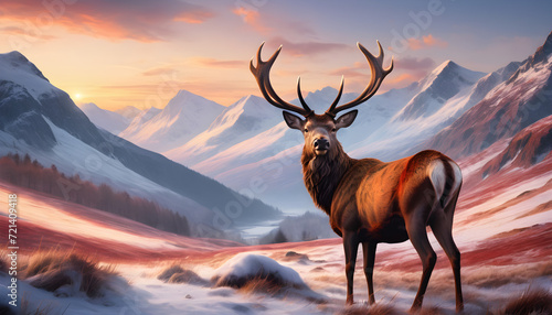 Majestic deer Standing Proud Among Snow-Capped Mountain Ranges at sunset © PLATİNUM
