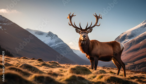 Majestic Stag Standing Proud Among Snow-Capped Mountain Ranges at Twilight