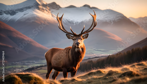 Majestic Stag Standing Proud Among Snow-Capped Mountain Ranges at Twilight