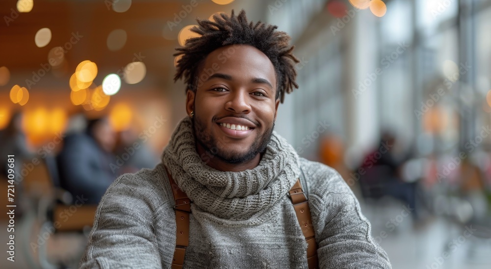 A jovial man, bundled in a warm scarf, beams at the camera against the backdrop of a bustling street and urban building, radiating happiness and human connection - obrazy, fototapety, plakaty 