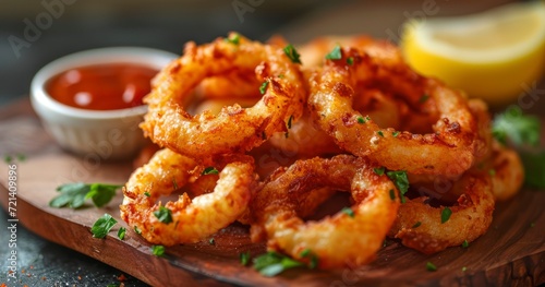 Crispy, Delicious Seafood Onion Rings with Tangy Sauce Wooden Plate