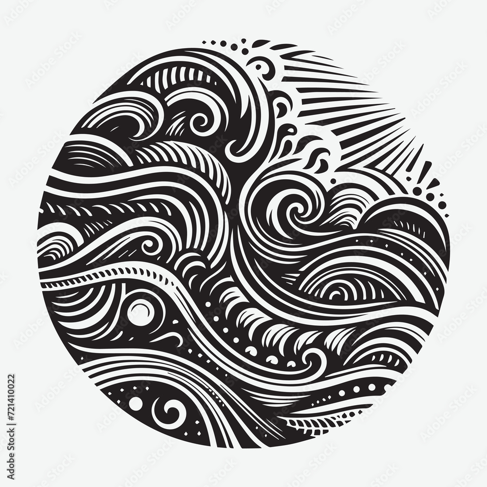 black and white drawing of waves in a circle pattern