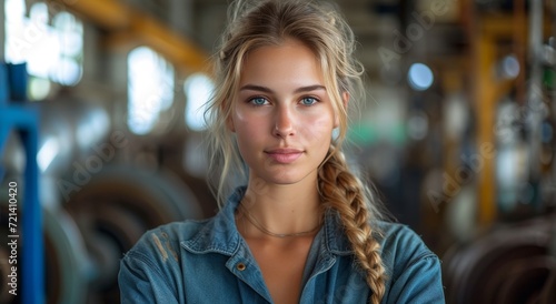A fashionable young woman with braided blonde hair gazes confidently at the camera, her blue eyes standing out against the warm tones of the indoor building behind her, showcasing her impeccable sens