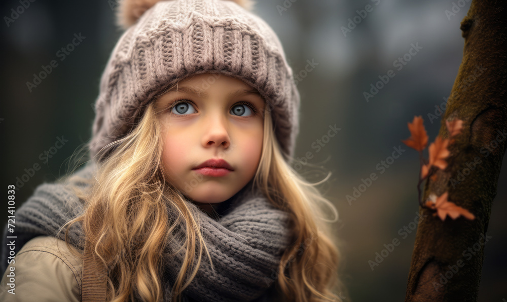 Pensive Child in Winter Attire: Thoughtful Young Girl in Cozy Knit Hat and Scarf Against a Hazy Forest Backdrop Pensive Child in Winter Attire: Thoughtful Young Girl in Cozy Knit Hat and Scarf Against a Hazy Forest Backdrop