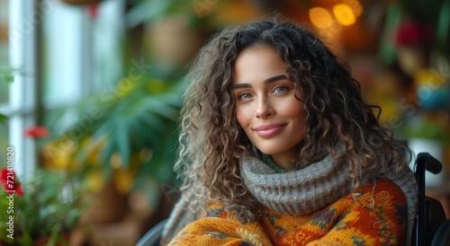 A radiant woman exudes warmth and coziness as she smiles while wrapped in a shawl and sweater, surrounded by the beauty of nature's floral tapestry photo