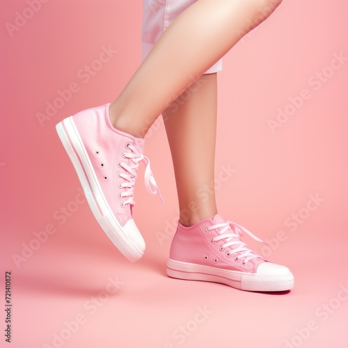 Female legs and feet wearing sneakers walking isolated on plain pink studio background