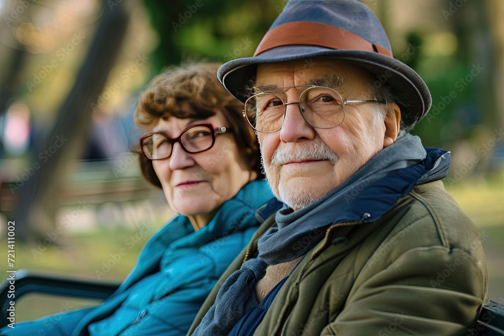 Fototapeta premium Elderly Lovebirds: A Peaceful Day at the Park,Golden Years Bliss: Couple Enjoying Park Serenity