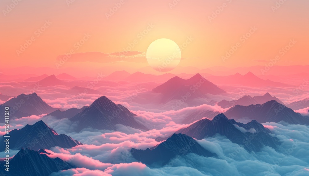 Sunrise with mountains and mist. Soft and dreamy. high horizon. landscapes, atmospheric clouds