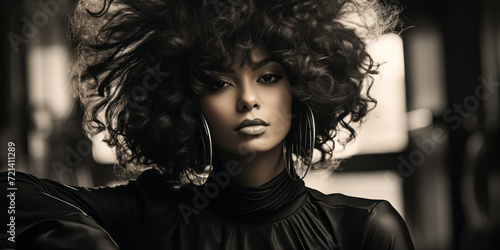 Elegant Black woman with voluminous afro hairstyle in monochrome portrait