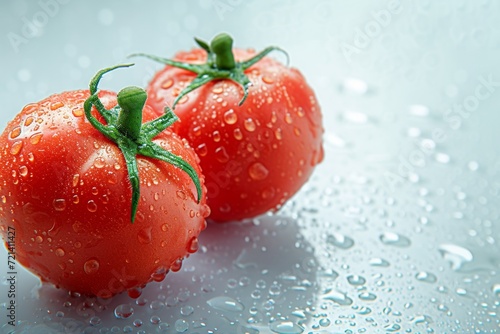 Roma tomatoes, water droplets, equally spaced, on a light background