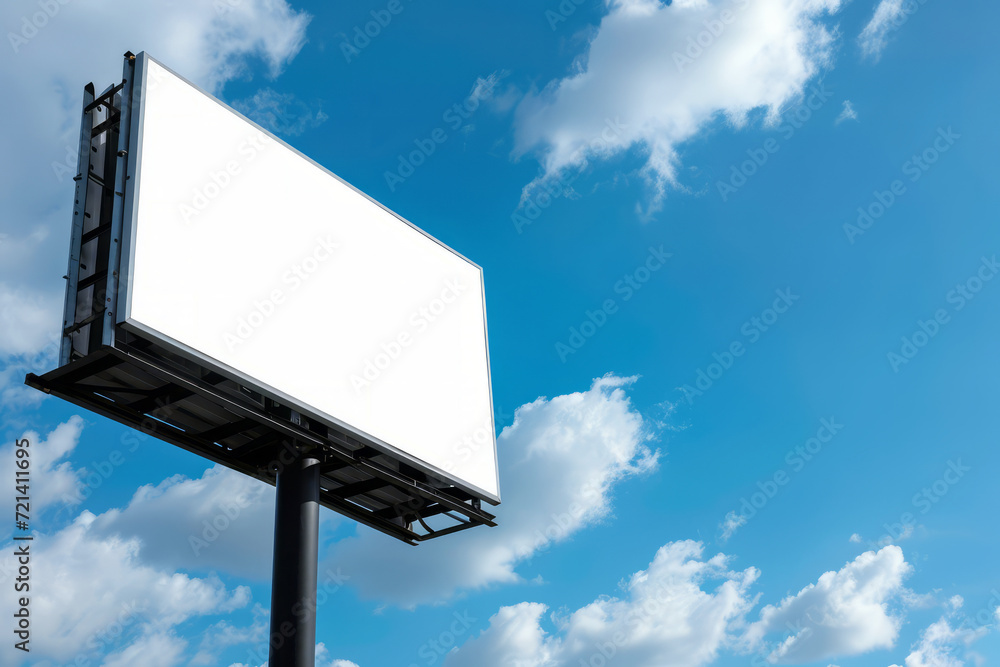 Large blank billboard against a striking blue sky with clouds, mock-up for advertising and custom messages, with copy space for text. Large blank billboard against a striking blue sky with clouds, mock-up for advertising and custom messages, with copy space for text.