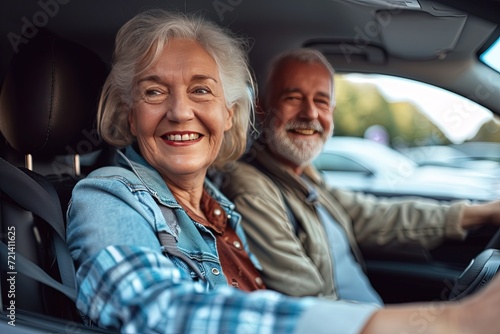 Joyful Senior Couple Road Trip,Happy Retired Couple Behind the Wheel © AKKA