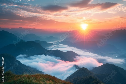Sunrise with mountains and mist. Soft and dreamy. high horizon. landscapes, atmospheric clouds