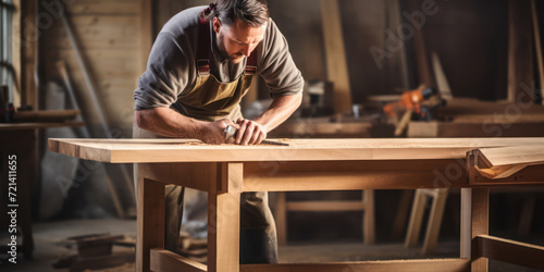 Craftsman in Woodworking Workshop, Creating Furniture: Carpenter's Mastery Shaping Timber