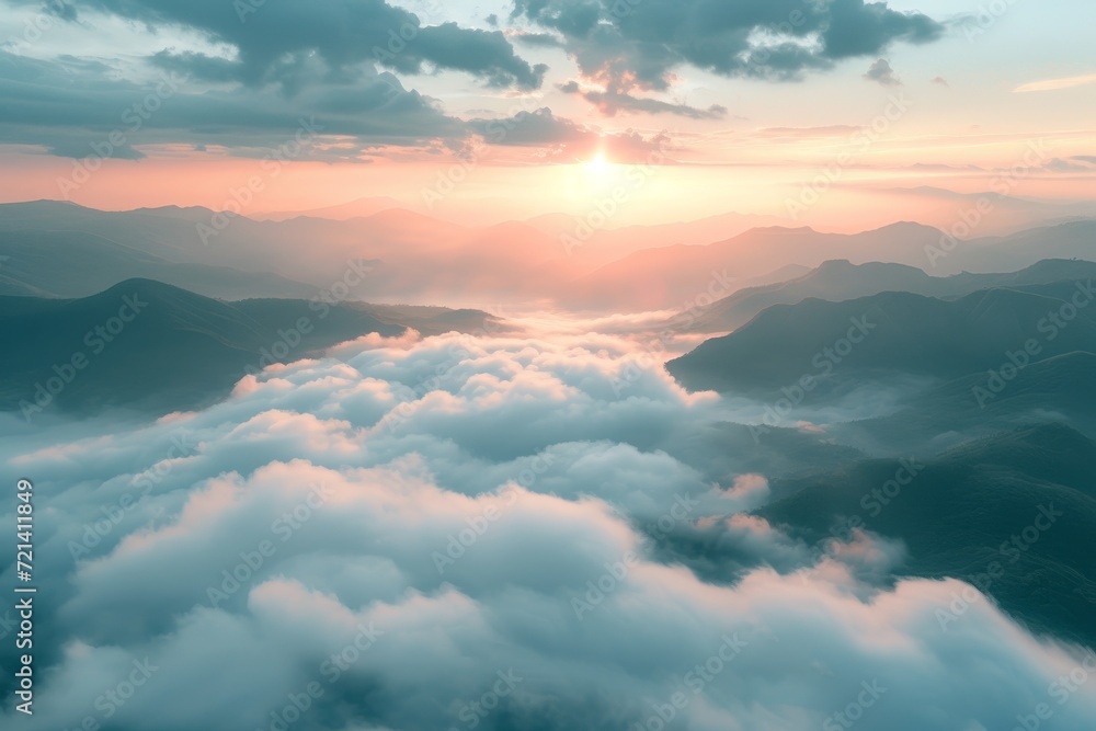 Obraz premium Sunrise with mountains and mist. Soft and dreamy. high horizon. landscapes, atmospheric clouds