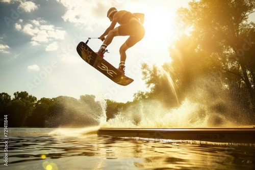Thrilling Shot of Wakeboarder Soaring High off Ramp in Mid-Air © Arnolt