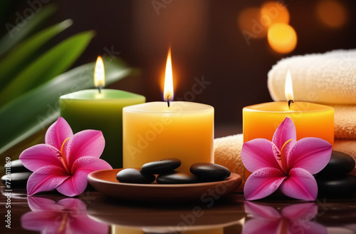 romantic atmosphere with candles and tropical flowers, massage or relaxation session
