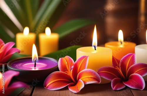 romantic atmosphere with candles and tropical flowers  massage or relaxation session