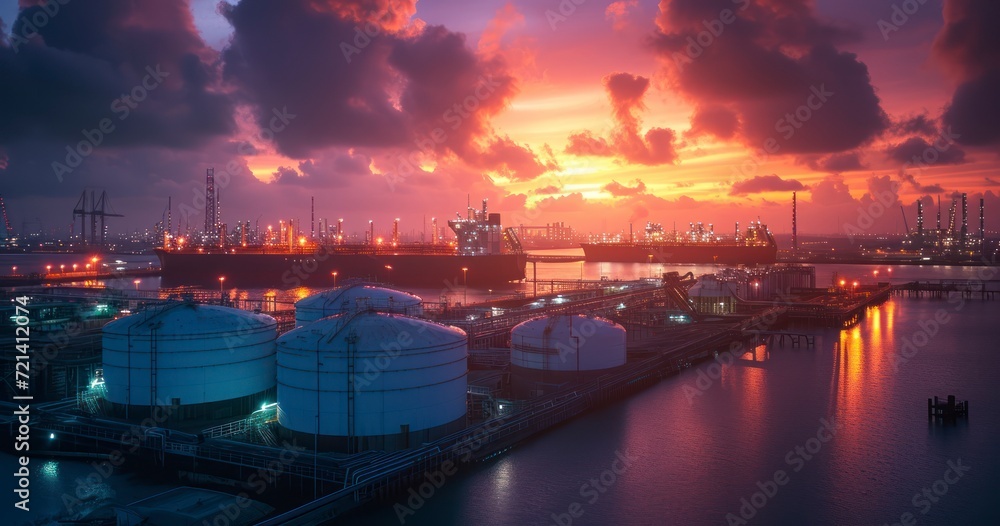 The Impressive Landscape of LNG Storage Tanks, Storing Liquefied Natural Gas Efficiently at Sunset
