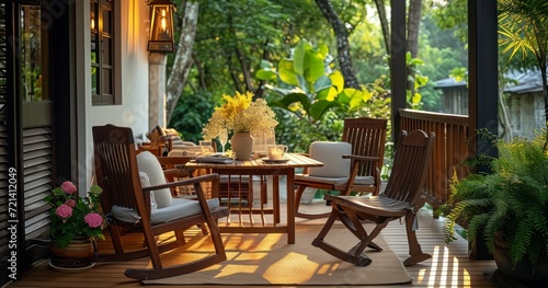 A Serene Summer Setup with a Wooden Table and Chairs in a Lush Garden House Setting