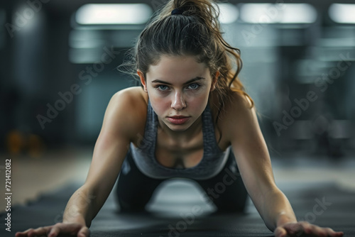 mujer atleta joven entrenando en un gimnasio haciendo fondos sobre una esterilla, sobre fondo desenfocado del interior del gimnasio, efecto bokeh