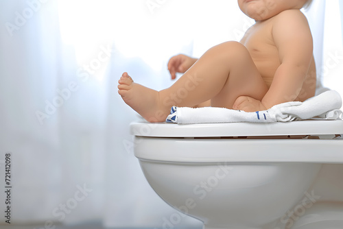 Caucasian baby sitting on toilet seat. Normal bowel habit concept. photo