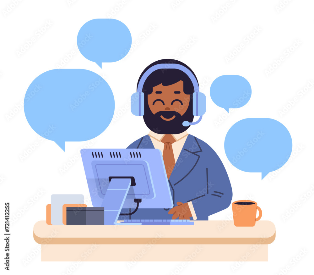 African American business man in headphones with microphone works at computer on isolated background. Cartoon vector illustration African American business man in headphones with microphone works at computer on isolated background. Cartoon vector illustration