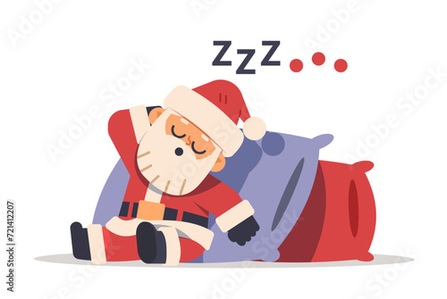 Tired Santa Claus sleeps on pillows. Cartoon vector character