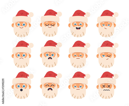 Cartoon Santa Claus emotion set on isolated background. Christmas vector face icons
