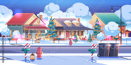 Christmas decorated facades of neighboring houses. Christmas street town holyday illumination. Flat vector illustration