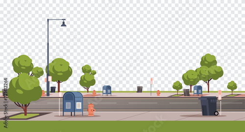 Road and sidewalk with trees on transparent isolated background. Street and roadway elements in flat style