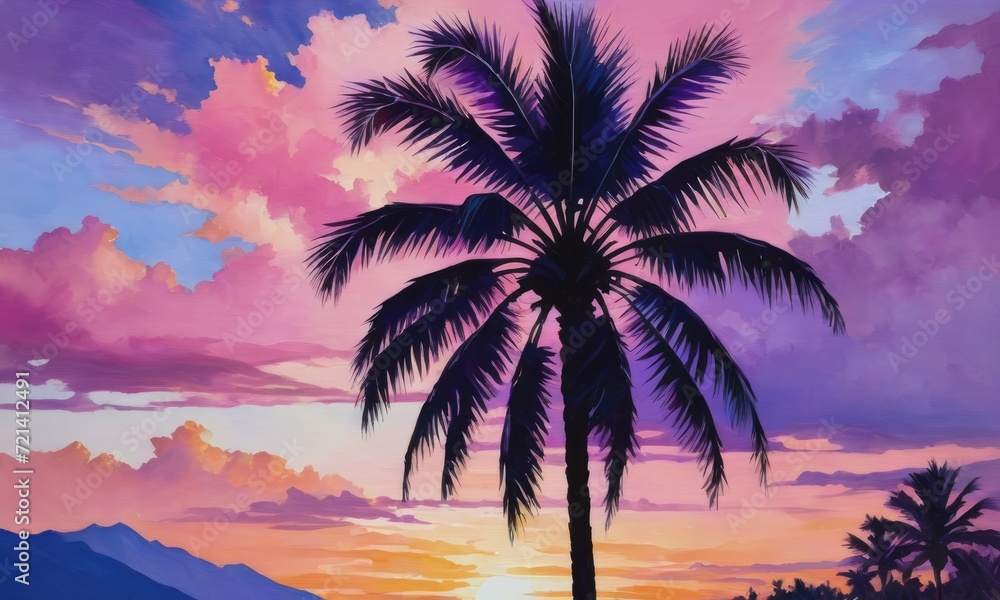A palm tree stands in stark silhouette amidst a backdrop of pink and purple hues in the evening sky.