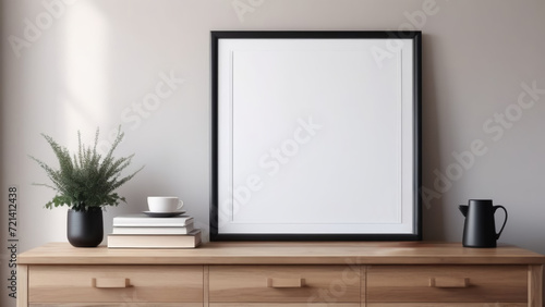 An empty poster frame in a cozy modern Scandinavian interior. Frame mockup. © MariКа