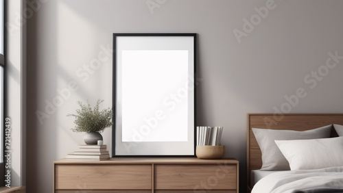 An empty poster frame in a cozy modern Scandinavian interior. Frame mockup.
